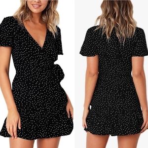 Relipop Elegant Black Polka Dot Wrap Dress